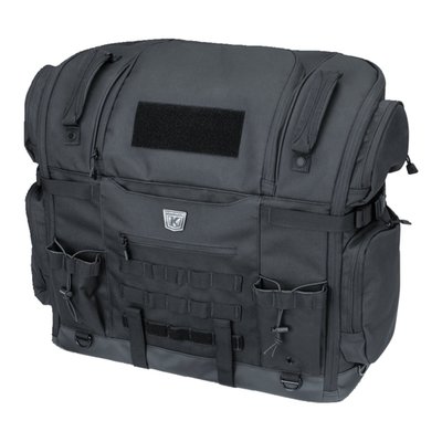 Perfect for the passenger seat of most touring motorcycles, ATVs, UTVs or automobiles. Hold animals up to 35lbs. (15.8kg). Made from durable UV-rated, weather-resistant 1200-denier textile material. Rigid internal support structure for safety, durability and longevity. Front zippered opening folds down completely for easy pup loading/unloading on the bike. Internal adjustable leash system keeps dog/pet secure while in the bag. Metal D-rings and a variety of adjustable straps offer safe and secure mounting. Large integrated top vent provides airflow and reduces heat without jeopardizing stability. All-new light gray interior reduces heat and improves interior visibility in low light.
- With collapsible travel bowl for food/water.
- Integrated external rider-facing bottle pockets (2).
- Multiple MOLLE modular attachment points for pet supplies, tools or the Kuryakyn removable backrest pad (MCS 567597 sold separately).
- Dimensions (Approx): 22" wide x 12" deep x 18.5" tall.
- Internal capacity (approx.): 4,752 Cui (approx. 78 liters).