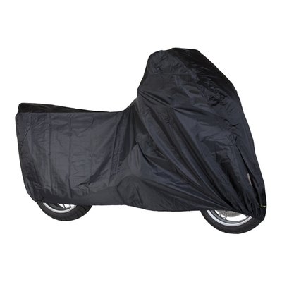 Motorcycle cover for robust outdoor protection.
• Optimum protection against rain, dust, frost and UV.
• Air vents to avoid condensation.
• Lock holes to prevent theft.
• Elastic hem for perfect enclosure.
• Adjustable strap with snap closure holds cover in place.
• Double-stitched seams for long lifetime.
• Seams on te inside with anti-water tape.
• 100% water- and dustproof.
• Material: 300D polyester.
• Heat resistant up to 150 °C.
• Comes in handy storage bag.
Note: Determine the right size of the cover by measuring the length, width and height of your motorcycle. The correct size of the cover has a length that is about 5-10 cm longer than your motorcycle length. For proper ventilation, we recommend to have the cover about 10-20 cm from the ground. In this way air can enter the cover from below and leave the cover through the air vents on top. If the dimensions lie between two sizes, then choose the larger of the two. Because the edge is elasticated, the cover will always fit well.