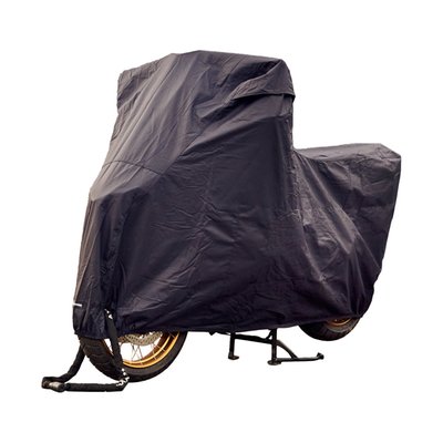 DeLuxe outdoor motorcycle cover for the toughest outdoor circumstances. Comes with a special translucent plastic window for the license plate. This is required by law in some countries when the bike is parked in a public space.
• Maximum protection against rain, dust, frost and UV.
• Air vents to avoid condensation.
• Chain lock openings in front and rear.
• Soft cotton lining protects against scratches.
• Heat-resistant lining (up to 300 °C) at exhaust positions.
• Elastic hem for perfect enclosure.
• Adjustable strap with snap closure holds cover in place.
• Double-stitched seams for long lifetime.
• 100% water- and dustproof.
• Material: 300D polyester.
• With license plate window.
• Comes in handy storage bag.
Note: Determine the right size of the cover by measuring the length, width and height of your motorcycle. The correct size of the cover has a length that is about 5-10 cm longer than your motorcycle length. For proper ventilation, we recommend to have the cover about 10-20 cm from the ground. In this way air can enter the cover from below and leave the cover through the air vents on top. If the dimensions lie between two sizes, then choose the larger of the two. Because the edge is elasticated, the cover will always fit well.