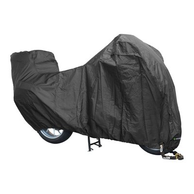 DeLuxe outdoor motorcycle cover for the toughest outdoor circumstances. Comes with a special translucent plastic window for the license plate. This is required by law in some countries when the bike is parked in a public space.
• High-quality cover for motorcycles with top case.
• Maximum protection against rain, dust, frost and UV.
• Air vents to avoid condensation.
• Chain lock openings in front and rear.
• Soft cotton lining protects against scratches.
• Heat-resistant lining (up to 300 °C) at exhaust positions.
• Elastic hem for perfect enclosure.
• Adjustable strap with snap closure holds cover in place.
• Double-stitched seams for long lifetime.
• 100% water- and dustproof.
• Material: 300D polyester.
• With license plate window.
• Comes in handy storage bag.
Note: Determine the right size of the cover by measuring the length, width and height of your motorcycle. The correct size of the cover has a length that is about 5-10 cm longer than your motorcycle length. For proper ventilation, we recommend to have the cover about 10-20 cm from the ground. In this way air can enter the cover from below and leave the cover through the air vents on top. If the dimensions lie between two sizes, then choose the larger of the two. Because the edge is elasticated, the cover will always fit well.