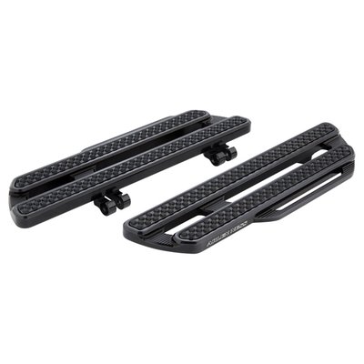 Black anodized finish with 'Arlen Ness' lasered logo. CNC machined billet aluminum construction. The internal structure of the rubber inlays is specifically engineered to help reduce vibration reduction produced by V-Twin engines. The extended length offers more foot space for enhanced comfort. Dimensions: 18" (45.7cm) long x 5.75" (14.6cm) wide x 1" (2.5cm) thick. 
Note: Style compatible with Arlen Ness 'Airtrax' shift & brake pegs.
