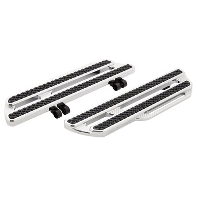 Chrome finish with 'Arlen Ness' lasered logo. CNC machined billet aluminum construction. The internal structure of the rubber inlays is specifically engineered to help reduce vibration reduction produced by V-Twin engines. The extended length offers more foot space for enhanced comfort. Dimensions: 18" (45.7cm) long x 5.75" (14.6cm) wide x 1" (2.5cm) thick. 
Note: Style compatible with Arlen Ness 'Airtrax' shift & brake pegs.