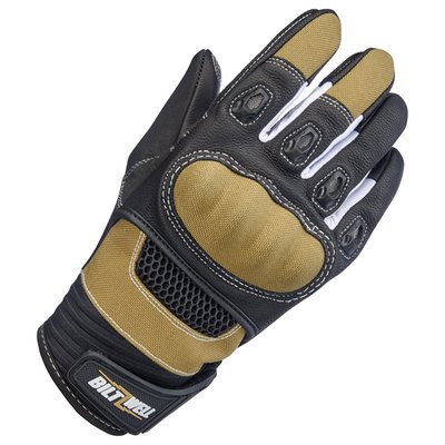 Like other leather/textile hybrids on the sport bike grid, the Biltwell Bridgeport glove features rugged construction and a racy silhouette. Supple goatskin leather, three-ply vented polyester, ballistic nylon, and CE-certified impact- and friction-zone reinforcement makes our most advanced three-season riding glove ready for business. 
- Supple goatskin leather palm, fingertips, thumb, and friction panels. 
- Flexible thermoplastic rubber wrist tab with molded impact protection. 
- Anatomically-shaped synthetic suede palm panel with Lycra flex zone. 
- Comfortable two-way stretch laminated neoprene wrist panel. 
- Ballistic nylon finger, hand, and knuckle guard panels. 
- Conductive stitching in fingers and thumb lets you operate smart screens. 
- Lycra expansion panels in finger joints for added dexterity. 
- Padded high-impact plastic knuckle guard with three-ply vented panel. 
- Silicone traction logo on palm. 
- Molded plastic finger vents. 
- CE certified for recreational highway and off-road riding.