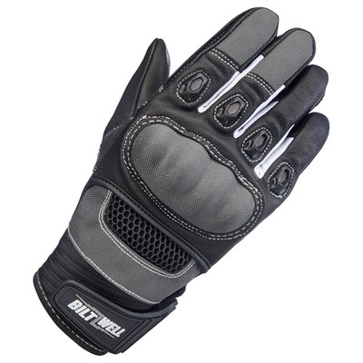 Like other leather/textile hybrids on the sport bike grid, the Biltwell Bridgeport glove features rugged construction and a racy silhouette. Supple goatskin leather, three-ply vented polyester, ballistic nylon, and CE-certified impact- and friction-zone reinforcement makes our most advanced three-season riding glove ready for business. 
- Supple goatskin leather palm, fingertips, thumb, and friction panels. 
- Flexible thermoplastic rubber wrist tab with molded impact protection. 
- Anatomically-shaped synthetic suede palm panel with Lycra flex zone. 
- Comfortable two-way stretch laminated neoprene wrist panel. 
- Ballistic nylon finger, hand, and knuckle guard panels. 
- Conductive stitching in fingers and thumb lets you operate smart screens. 
- Lycra expansion panels in finger joints for added dexterity. 
- Padded high-impact plastic knuckle guard with three-ply vented panel. 
- Silicone traction logo on palm. 
- Molded plastic finger vents. 
- CE certified for recreational highway and off-road riding.