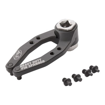'- Designed for removal and installation of shock reservoirs, screw-in seal heads, fork caps, and bearing retainers. 
- Freely pivoting arms span a range of 10.5 mm to 150 mm. 
- Interchangeable 3, 4 and 5 mm hardened steel pins with a black oxide coating. 
- Integrated 3/8" square drive for use with a breaker bar or torque wrench. 
- Curved, low profile arms easily fit tight areas. 
- Billet heat treated steel construction for increased strength, rigidity and durability. 
- Durable black oxide finish with laser engraved markings. 
- Maximum torque rating of 70 lbs-ft. 
Note: Replacement pins available as 937999.