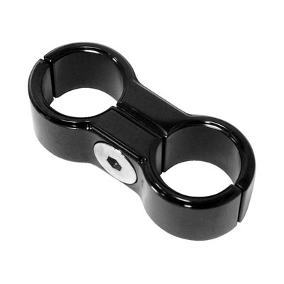 Aluminum. 
For use with 5/16" & 3/8" oil and fuel hoses. 
Eyelet inside diameter is 1.5cm. 