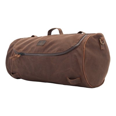 Approx. dimensions: 55cm wide x 28cm diameter. Made from waxed cotton canvas with a polyester inside lining and finished with oiled ranger leather. Great universal roll bag for any sort of trip to anywhere. Throw on the back of your bike or carry it on your shoulder and go. 
Note waxed cotton: The 'Waxed Cotton' material, as used in the Longride product line, is manufactured from approx. 650gr/m 100% cotton cloth. This cloth is impregnated with wax, which makes it durable and gives it water repellant characteristics. This is the historically correct predecessor of synthetic developments like, for instance, Gore-Tex. This is the genuine classic material. 
Note: See 970945 for optional waterproof inner bag liner. 
Note ranger leather: Genuine leather, harvested from West-European cattle. The Ranger Leather is the neck part and this is used for its nice grain. It is environmentally friendly vegetable tanned on a base of the bark of the Mimosa tree. After tanning it is saturated with leather grease for preservation purposes. Maintenance, on a regular base, is advised, like with all leather products. 