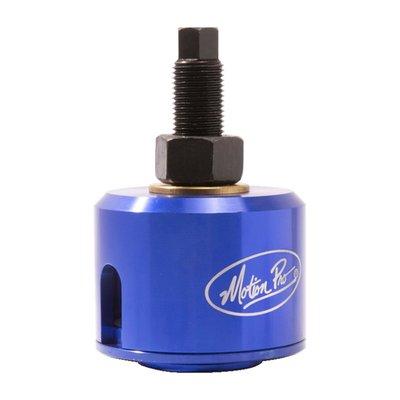 - Designed to quickly and precisely remove outer bearing race from the steering head without the use of a hammer and punch
- Puller design ensures bearing is pulled perfectly straight to eliminate possible damage to frame
- Works on all tapered bearing races from 47 mm to 55 mm OD
- Precision machined anodized aluminum cup will not damage seal surface
- Brass bearing washers for easy use and long life
- Hardened steel jaws engage securely on inner bearing lip