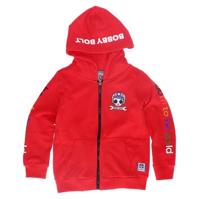 Bobby Bolt, born to be bold! Adventurous, streetwise, rebel, brave, naughty. For the coolest little humans we have this great full zip hoodie made from soft 100% organic french terry cotton fabric for ultimate daily comfort. Available in red, navy and army. Be bold be brave!