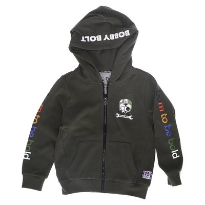 Bobby Bolt, born to be bold! Adventurous, streetwise, rebel, brave, naughty. For the coolest little humans we have this great full zip hoodie made from soft 100% organic french terry cotton fabric for ultimate daily comfort. Available in red, navy and army. Be bold be brave!