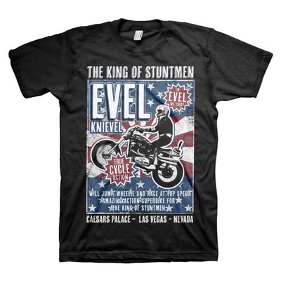 Evel Knievel! Who doesn't know him or heard about him. This is man is a legend! He was best known for his long-distance motorcycle jumps: his 50-meter jump over Caesar's Fountain in Las Vegas on December 31, 1967, made him famous, though his fall caused a month-long coma. But now you can wear T-shirts, sweatshirts and hoodies with a print of the great legend. Made of 100% cotton and with a normal fit. Or choose one of the trucker caps and of course you can have your morning coffee wit Evel Knievel if you want. And last but not least you can put the Evil Knievel stickers almost everywhere. The choice is up to you! 