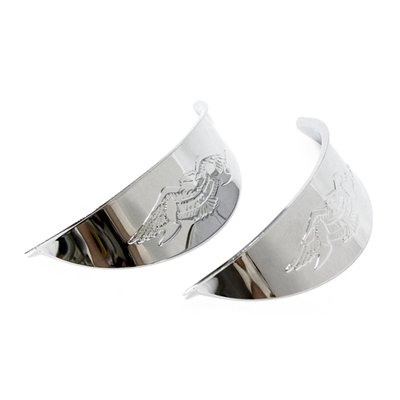 Chrome. Steel. With eagle embossed accent. 
Fits most H-D passing lamps and many small custom headlamps. 
Offers instant classic looks but there's more these visors than look. 
These were originally designed, in days gone by, to reduces light reflections / glare in foggy weather conditions, still works today!