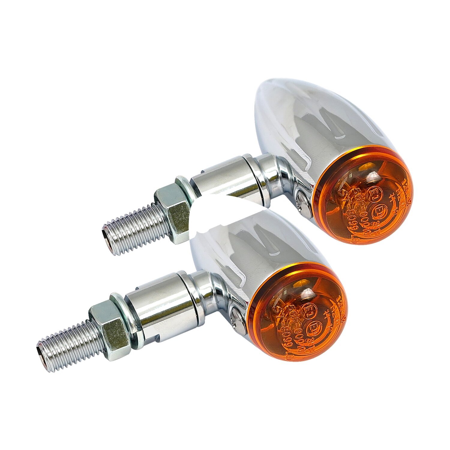 Micro bullet, 12v halogen turn signals. Chrome, grooved