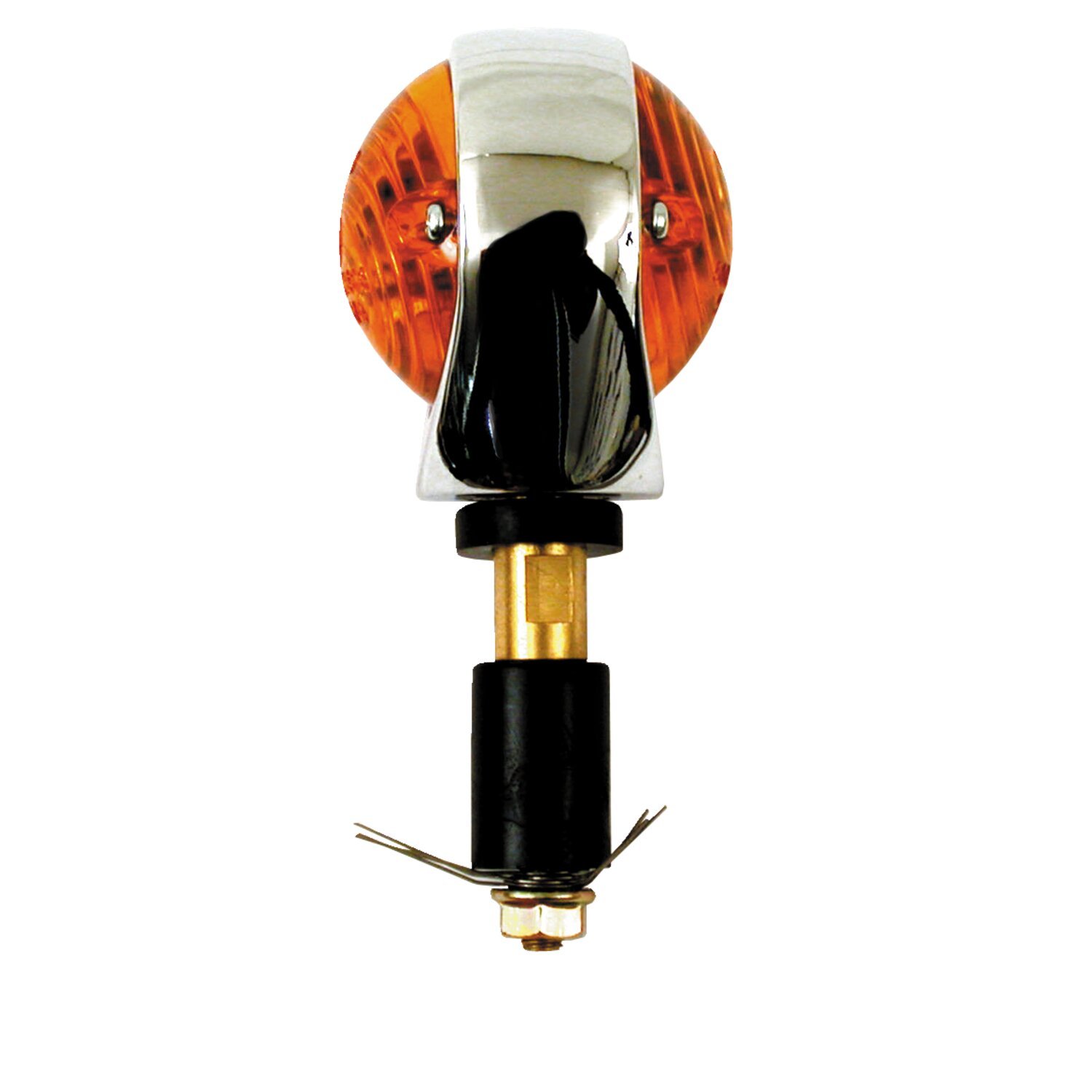 Full size bulls-eye, in-bar turn signals. Chrome. Amber lens, White