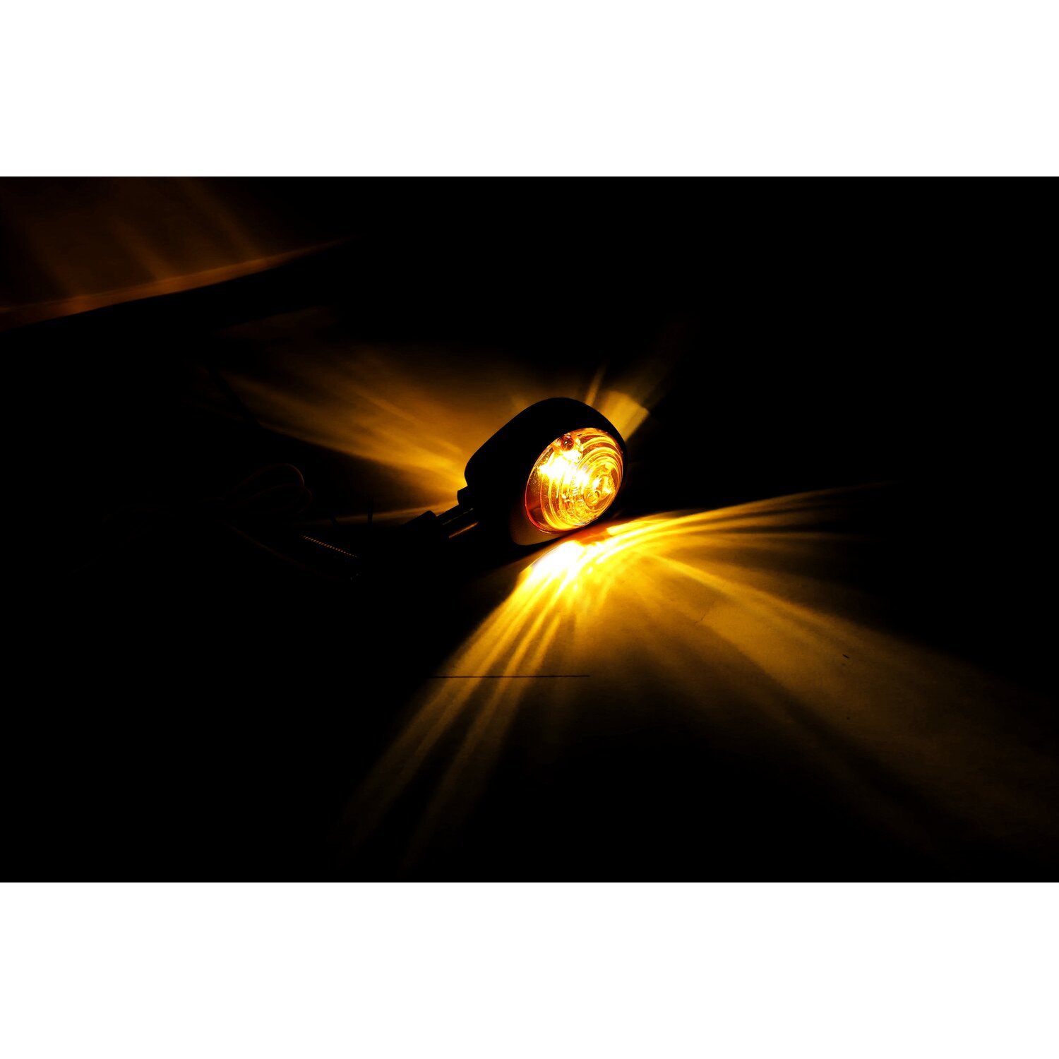 Full size bulls-eye, in-bar turn signals. Black. Amber lens, Matte
