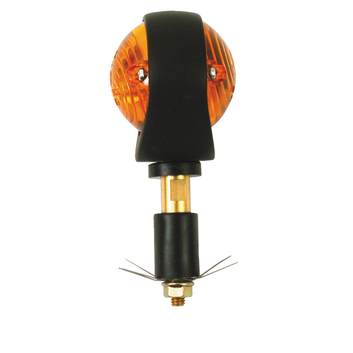 Full size bulls-eye, in-bar turn signals. Black. Amber lens, Matte