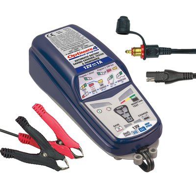 With EU wall plug. 8/9-step 12V 1A battery charger-tester-maintainer for Lead Acid, AGM & GEL 12V batteries from 3 to 50Ah.
Note: Offers two (selectable) charging programs. Program 1 is for direct charging of a battery, program 2 allows safe and unsupervised charging through a BMW motorcycle’s CAN-bus controlled 12V socket. OptiMate 4 CAN-bus edition is delivered with program 2 pre-selected.
- CAN-Bus: Automatic KEY-LESS activation and continued maintenance until charger is disconnected
- CAN-bus: Safe low voltage pulse desulphation
- Charging Amps: 1A (constant current)
- Indoor / Outdoor (lowest temperature: -40°F / -40°C)
- Save: Low Volt Start of 0.5V + 2-step* desulphation recovery (*1-step low volt pulse save during CAN-bus mode)
- Lead Acid, AGM & GEL 12V batteries from 3 to 50Ah
- input: Global (100-240V 50-60Hz), high efficiency (CEC listed), fully sealed.
- Weatherproof case with wall mounts
- Incl. 6ft / 180cm AC supply lead and 6ft / 180cm charge lead ending in SAE connector. BIKE 180° plug adapter-extender & standard battery clip set included
- No risk of overcharging
- Sparks suppressed
- Safe for vehicle electronics
- Safe for long-term battery maintenance
- Automatic shut-down if short-circuited or battery disconnected