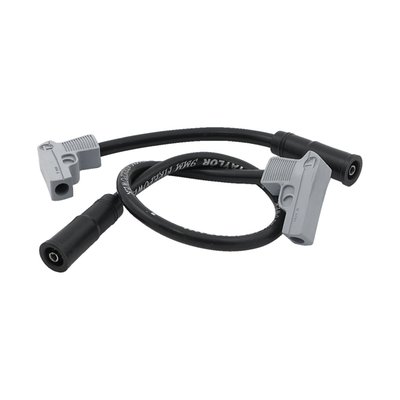 Includes 18" and 7" wires with 90° plug boots and 180° (straight) coil boots. Compatible with all H-D ignition systems, both points and electronic. The 9mm Fire Power wires come with the core of the ThunderVolts, according to Taylor these are the best wires money can buy. The 25 ohm/ft. ferrite spiral core is made with a blend of copper nickel alloy which is bonded by a conductive acrylic cover. Taylor claims more horsepower, more torque and better mileage. With the silver metallic plug boots styled after a 9mm pistol it gives a very distinctive look.
Note: Some electronic ignition manufacturers do not recommend using spiral wound core cables. Check the instruction manual of your electronic ignition module for more information. When in doubt it is advised to use suppression core cables for electronic ignition set-ups.