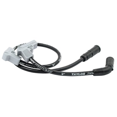 Includes one 18" wire with 90° plug and 180° (straight) coil boot. The other wire is 9" with 90° plug boot and a 90° coil boot. Compatible with all H-D ignition systems, both points and electronic. The 9mm Fire Power wires come with the core of the ThunderVolts, according to Taylor these are the best wires money can buy. The 25 ohm/ft. ferrite spiral core is made with a blend of copper nickel alloy which is bonded by a conductive acrylic cover. Taylor claims more horsepower, more torque and better mileage. With the silver metallic plug boots styled after a 9mm pistol it gives a very distinctive look.
Note: Some electronic ignition manufacturers do not recommend using spiral wound core cables. Check the instruction manual of your electronic ignition module for more information. When in doubt it is advised to use suppression core cables for electronic ignition set-ups.