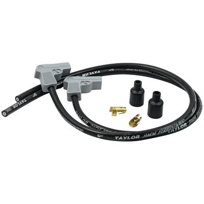Black. 24" long, cut to length required. Complete with 180° (straight) coil boots for up to 1999 style coils. Compatible with all H-D ignition systems, both points and electronic. The 9mm Fire Power wires come with the core of the Thundervolts, and according to Taylor these are the best wires money can buy. They come with a 40 ohm/ft. ferrite spiral core with a blend of copper nickel alloy which is bonded by a conductive acrylic cover. Taylor claims more horsepower, more torque and better mileage. With silver metallic plug boots styled after a 9mm pistol to give them a very distinctive look.
Note: Some electronic ignition manufacturers do not recommend using spiral wound core cables. Check the instruction manual of your electronic ignition module for more information. When in doubt it is advised to use suppression core cables for electronic ignition set-ups.
Note: If required, 90° (941256) and 180° (941257) coil boots & terminal connectors are separately available for 99-17 (Twin Cam) style coils.