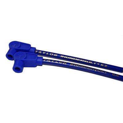 Blue wires with gold lettering. Plug & coil boots are black. Includes two identical wires. 12" long with 90° plug boots and 90° coil boots. According to Taylor these are the best spark plug wires money can buy. Made of a 40 Ohm/ft. Ferrite spiral core with a blend of copper nickel alloy which is bonded by a conductive acrylic cover. Feature two layers of pure Zimplex silicone for 600°F (315°C) heat protection. Excellent RFI and EMI suppression and compatible with most ignition systems and electronic components. Comes with 100% silicone plug boots with double spring locking spark plug terminals that will resist vibrations.
Note: Compatible with all H-D ignitions. If you have an aftermarket ignition, please check with manufacturer's ohm requirements. For very high ohm ratings you can use Taylor's Carbon Core wire sets. For magnetos and point ignitions Taylor's metallic core wire sets are recommended.