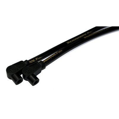 Black. Includes one 18" wire with 180° (straight) plug and coil boot. The other wire is 9" with 180° plug boot and a 90° coil boot. According to Taylor these are the best spark plug wires money can buy. Made of a 40 Ohm/ft. Ferrite spiral core with a blend of copper nickel alloy which is bonded by a conductive acrylic cover. Excellent RFI and EMI suppression and is compatible with most ignition systems and electronic components. These 10.4mm wires feature three layers of pure Zim plex silicone for 600° F heat protection. 102.000V dielectric strength with a tightly woven heat treated fiberglass braid. Wires a black with gold lettering and black Pro boots. The difference of the 10.4mm, when compared with the 8.2mm version, is the thickness of the insulation which is designed for racing applications.
Note: Compatible with all Harley ignitions. If you have an aftermarket ignition, please check with manufacturer ohm requirement. For very high ohm ratings you can use Taylor's Carbon Core wire sets. For magnetos and point ignitions Taylor's metallic core wire sets are recommended.