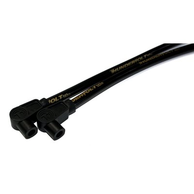 Black. Includes two identical wires. 12" long with 90° plug boots and 90° coil boots. According to Taylor these are the best spark plug wires money can buy. Made of a 40 Ohm/ft. Ferrite spiral core with a blend of copper nickel alloy which is bonded by a conductive acrylic cover. Excellent RFI and EMI suppression and is compatible with most ignition systems and electronic components. These 10.4mm wires feature three layers of pure Zim plex silicone for 600° F heat protection. 102.000V dielectric strength with a tightly woven heat treated fiberglass braid. Wires a black with gold lettering and black Pro boots. The difference of the 10.4mm, when compared with the 8.2mm version, is the thickness of the insulation which is designed for racing applications.
Note: Compatible with all Harley ignitions. If you have an aftermarket ignition, please check with manufacturer ohm requirement. For very high ohm ratings you can use Taylor's Carbon Core wire sets. For magnetos and point ignitions Taylor's metallic core wire sets are recommended.
