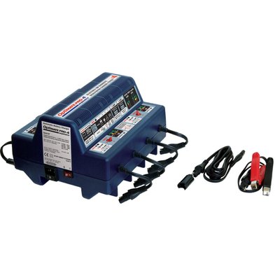 With EU wall plug. Professional 4-bank battery saving charger for power sport & small engine 12V batteries. No further battery knowledge required. Connect up to 4 x 12V batteries and let the charger do the rest.
- OEM recommended battery care center for correct activation of new batteries and recovery, charge and testing of neglected sulphated / low-voltage batteries.
- New mode: a 1 hour activation charge only for new batteries that have received acid just prior to charging, such as STD flooded batteries with removable filler caps and AGM-MF ‘dry-charged’ batteries that are delivered with a separate custom acid pack
- Charging Amps: 4A maximum, Ampmatic control. (2A max. when 2A is selected)
- Use: Indoor / workshop environment (lowest temperature: -4°F / -20°C)
- Save: Low Volt Start of 1.8V + 2 step desulphation recovery
- For Lead Acid, AGM & GEL 12V batteries from 2 – 40Ah
- Selectable 110-120V / 220-240V 50-60Hz
- Vented industrial table top case.
- Incl. 6ft / 180cm AC supply lead and 4 x 6ft / 180cm charge lead ending in SAE connector. 4 x standard battery clip sets
- No risk of overcharging
- Sparks suppressed
- Safe for long-term battery maintenance
- Automatic shut-down if short-circuited or battery disconnected