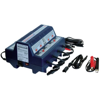 With EU wall plug. Professional 8-bank battery saving charger for power sport & small engine 12V & 6V batteries, including neglected sulphated / low-voltage batteries. Once voltage selection has been made, no further battery knowledge required. Connect up to 8 x 6V and 12V batteries and let the charger do the rest.
- The OEM recommended 8-bank battery care center for recovery, charging and testing of all 6V and 12V batteries, including neglected sulphated / low-voltage batteries
- 8-bank charger, each bank operates independently
- Select battery voltage of 6V or 12V for each bank
- 1Ah charging Amps per bank
- Use: Indoor / workshop environment (lowest temperature: -4°F / -20°C)
- Save: Low Volt Start of 1.8V + 2 step desulphation recovery
- For Lead Acid, AGM & GEL 12V batteries from 2Ah
- Selectable 110-120V / 220-240V 50-60Hz
- On/Off power switch and replaceable fuse protection
- Vented industrial table top case.
- Incl. 6ft / 180cm AC supply lead and 8 x 6ft / 180cm charge lead ending in SAE connector. 8 x standard battery clip
- No risk of overcharging
- Sparks suppressed
- Safe for long-term battery maintenance
- Automatic shut-down if short-circuited or battery disconnected
- Use: Indoor / workshop environment (lowest temperature: -4°F / -20°C)