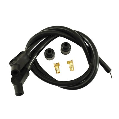 Black wires. With 135° angled black plug boots. 24" wire length. Cut to length required. According to Taylor these are the best wires money can buy. They come with a 40 ohm/ft. ferrite spiral wound core, which is a low resistance blend of copper nickel alloy and is bonded by a conductive acrylic cover. Offers excellent RFI and EMI suppression and is compatible with use on most electronic ignition systems and components. The 10.4mm wires feature three layers of pure Zimplex silicone for 600° F heat protection. 102.000V dielectric strength with a tightly woven heat treated fiberglass braid. Wires come with gold lettering and black Pro boots. 

Note: Available in 8.2mm and 10.4mm. The difference of the 10.4mm is the thickness of the insulation, the 10.4mm version is primarily designed for racing applications. 
Note: Some electronic ignition manufacturers do not recommend using spiral wound core cables. Check the instruction manual of your electronic ignition module for more information. When in doubt it is advised to use suppression core cables for electronic ignition set-ups. 
Note: If required, 90° (941256) and 180° (941257) coil boots & terminal connectors are separately available for 99-17 (Twin Cam) style coils.