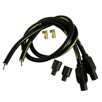 Black wires. With 180° (straight) black plug boots. 24" wire length. Cut to length required. According to Taylor these are the best wires money can buy. They come with a 40 ohm/ft. ferrite spiral wound core, which is a low resistance blend of copper nickel alloy and is bonded by a conductive acrylic cover. Offers excellent RFI and EMI suppression and is compatible with use on most electronic ignition systems and components. The 10.4mm wires feature three layers of pure Zimplex silicone for 600° F heat protection. 102.000V dielectric strength with a tightly woven heat treated fiberglass braid. Wires come with gold lettering. 

Note: Available in 8.2mm and 10.4mm. The difference of the 10.4mm is the thickness of the insulation, the 10.4mm version is primarily designed for racing applications. 
Note: Some electronic ignition manufacturers do not recommend using spiral wound core cables. Check the instruction manual of your electronic ignition module for more information. When in doubt it is advised to use suppression core cables for electronic ignition set-ups. 
Note: If required, 90° (941256) and 180° (941257) coil boots & terminal connectors are separately available for 99-17 (Twin Cam) style coils.