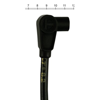 With 90° angled black plug boots. 24" wire length. Cut to length required. According to Taylor these are the best wires money can buy. They come with a 40 ohm/ft. ferrite spiral wound core, which is a low resistance blend of copper nickel alloy and is bonded by a conductive acrylic cover. Offers excellent RFI and EMI suppression and is compatible with use on most electronic ignition systems and components. The 10.4mm wires feature three layers of pure Zimplex silicone for 600° F heat protection. 102.000V dielectric strength with a tightly woven heat treated fiberglass braid. Wires come with gold lettering. 

Note: Available in 8.2mm and 10.4mm. The difference of the 10.4mm is the thickness of the insulation, the 10.4mm version is primarily designed for racing applications. 
Note: Some electronic ignition manufacturers do not recommend using spiral wound core cables. Check the instruction manual of your electronic ignition module for more information. When in doubt it is advised to use suppression core cables for electronic ignition set-ups. 
Note: If required, 90° (941256) and 180° (941257) coil boots & terminal connectors are separately available for 99-17 (Twin Cam) style coils.