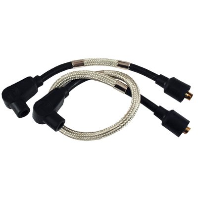 The popular black Taylor 8mm wire with the added looks of braided stainless steel. Features Spiro-Pro, a spiral wound inner core with 350 Ohm/ft. resistance for excellent EMI and RFI suppression. Compatible with all H-D electronic & points ignition systems.
Note: Compatible with all Harley ignitions. If you have an aftermarket ignition, please check with manufacturer ohm requirement. For very high ohm ratings you can use Taylor's Carbon Core wire sets. For magnetos and point ignitions Taylor's metallic core wire sets are recommended.