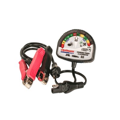 'Cranking & Alternator' tester. 12V professional pocket tester for on-vehicle battery cranking performance & alternator charge voltage testing. 
- Checks battery charge level 
- Start engine. OptiMate TEST records and indicates (for 20 sec) the lowest start volts 
- With engine running, verify charging voltage from alternator and voltage regulator.
- Microprocessor accuracy 
- Easy to follow instructions on rear panel of the tester 
- Easily connects with connect clips to the battery or to an installed SAE 2-pin battery lead.
- Industry standard SAE 2-pin connector 
- 100cm battery clip set 
- Fully sealed