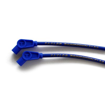Blue. Includes two 8" wires with 135° plug boots and 135° coil boots. According to Taylor these are the best spark plug wires money can buy. Made of a 40 Ohm/ft. Ferrite spiral core with a blend of copper nickel alloy which is bonded by a conductive acrylic cover. Feature two layers of pure Zimplex silicone for 600°F (315°C) heat protection. Excellent RFI and EMI suppression and compatible with most ignition systems and electronic components. Comes with 100% silicone plug boots with double spring locking spark plug terminals that will resist vibrations.
Note: Compatible with all H-D ignitions. If you have an aftermarket ignition, please check with manufacturer's ohm requirements. For very high ohm ratings you can use Taylor's Carbon Core wire sets. For magnetos and point ignitions Taylor's metallic core wire sets are recommended.