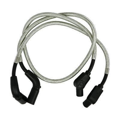 The popular black Taylor 8mm wire with the added looks of braided stainless steel. Features Spiro-Pro, a spiral wound inner core with 350 Ohm/ft. resistance for excellent EMI and RFI suppression. Compatible with all H-D electronic & points ignition systems.
Note: Compatible with all Harley ignitions. If you have an aftermarket ignition, please check with manufacturer ohm requirement. For very high ohm ratings you can use Taylor's Carbon Core wire sets. For magnetos and point ignitions Taylor's metallic core wire sets are recommended.