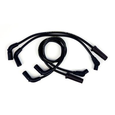 Black. 4-wire set. Includes one 34" 180° plug & 135° coil + one 30.5" 90° plug & 135° coil (front) and one 18" 90° plug & 135° coil + one 17.25" 180° (straight) plug & 135° coil (rear). According to Taylor these are the best spark plug wires money can buy. Made of a 40 Ohm/ft. Ferrite spiral core with a blend of copper nickel alloy which is bonded by a conductive acrylic cover. Excellent RFI and EMI suppression and is compatible with most ignition systems and electronic components. These 10.4mm wires feature three layers of pure Zim plex silicone for 600° F heat protection. 102.000V dielectric strength with a tightly woven heat treated fiberglass braid. Wires a black with gold lettering and black Pro boots. The difference of the 10.4mm, when compared with the 8.2mm version, is the thickness of the insulation which is designed for racing applications.
Note: Compatible with all Harley ignitions. If you have an aftermarket ignition, please check with manufacturer ohm requirement. For very high ohm ratings you can use Taylor's Carbon Core wire sets. For magnetos and point ignitions Taylor's metallic core wire sets are recommended.