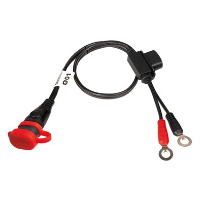 Premium quick connect permanent battery lead for power sport batteries, with weather protected connection system and cable.
- Weatherproof battery lead, powersport 
- Length=20"/50cm 
- 1/4" / M6 ringlets 
- Industry standard 2-pin SAE connector 
- 15A fuse 
- Cable max. rating: 5 Amp 
- -40°C/-40°F very low temperature use; cable remains flexible at ‘below freezing’ temperatures 
Note: Rubber sealing cap & shroud for OptiMate heavy duty SAE connector