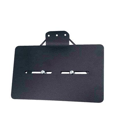 Black. For French license plates measuring 210mm x 130mm. Not designed for use with a taillight. License plate illumination must be ordered separately as 943294. Made from 1.5mm thick steel, with a black wrinkle powder coated finish. For left and right side use. The horizontal elongated mounting holes allow further horizontal adjustments for a snug fit on the bike. The L-shaped mount bracket is 35mm wide and made of 6mm thick steel. 
Note: Not designed for installation of a taillight. 
Note: License plate illumination light is not included and can be ordered separately as 943294.