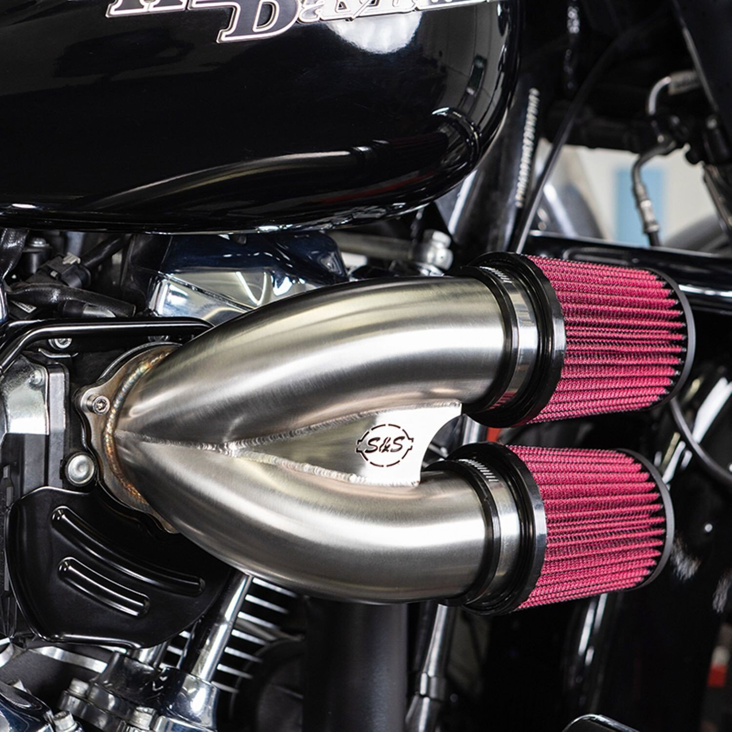 S&S, tuned induction air cleaner kit. Stainless, Silver, Brushed