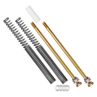 Progressive Suspension's MiniMoto fork kit unlocks the true potential of the stock Grom and Monkey front forks with progressive rate springs. They transform the ride so handling can be soft enough at the start of the travel to offer a 'plush' ride yet be firm enough at the end of the travel to soak up the big bumps. The kit also reduces front end 'dive' during braking while still providing excellent ride comfort. The upgraded damper rod assemblies with high-performance pistons use deflective disc valving for increased compression and rebound damping for better road holding. Gold zinc plated damper rods are used for maximum durability and wear resistance. Kit comes complete with the necessary spacers making it a plug and play installation. 
Note: See 941795 for the 2" lower than stock MiniMoto fork kit.