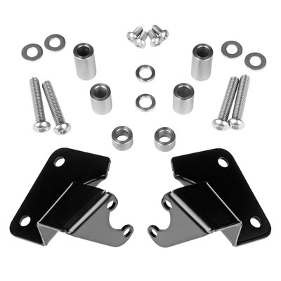 Allows an alternative mounting style for the remote rear shock reservoirs, to the rear fender strut covers. A different, wild & aggressive look is guaranteed and adjustments are easier to make due to better access. Compatible with all 970 & 990 series Progressive Suspension remote reservoir shocks for Baggers. Includes mounting hardware. 
Note: Brackets install with or without most H-D docking hardware but may prevent the use of other aftermarket accessories.