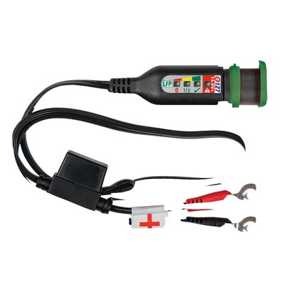 Monitor cable for Lithium batteries. 60cm long. With M6 / 1/4" ringlets to 2-pin SAE connector with waterproof sealing cap.
- Micro processor driven 4 LED system used to monitor battery status.
- Informs you if the battery is in a good/needs charge/not good condition
- When the engine is running it also informs you if the vehicle's charging system is working. Then the LED mode changes to an arrow, with the pointer reaching the LED matching the voltage being delivered by charging system. No arrow means there is no charge
- A bright red LED warns that the charge level has reached 50% and that it is time to recharge that battery
- During vehicle storage the LED matching the battery’s state of charge will blink every 5 seconds, drawing very little power (0.2 milli-amps) to do so, in fact 20-100 times less than the vehicle’s circuitry is drawing from the battery at the same time
- Fast blink mode for first 15 seconds after connection to battery, for quick check of multiple batteries (e.g. vehicles on showroom floor)