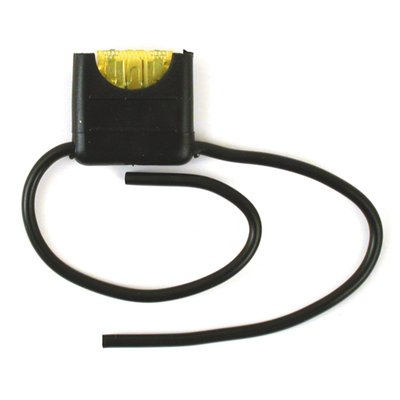 Universal flat type fuse holder. Complete with a 20A ATC blade type fuse and 14 gauge (2.5mm²/1.63mm diameter wires with 4" (10.2cm) leads. Takes stock size ATC and ATO blade style fuses.