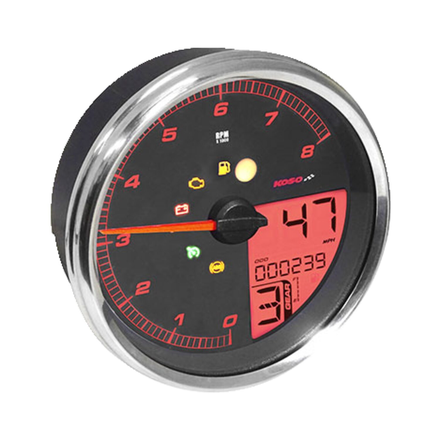 KOSO, HD-05 Speedometer / tachometer. Chrome bezel, Black