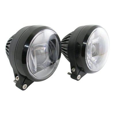 Low Beam. Black. CNC aluminium machined housing and black aluminum mounting bracket. Great for a dual 12V LED headlamp set-up. These LED projection headlamps offer superior vision, excellent life, and low amperage draw. Perfect for a variation of custom applications. Headlamp housing 79mm (3.1") diameter. Includes installation instructions. Suitable for both left side (UK) and right side (Europe) driving. ECE approved. 
Note: See 942325 for high beam headlamp.