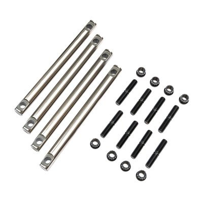 Over double the strength of the OEM shafts. Precision ground from 4140HT steel, gas nitrided and final surface treated. Replaces the stock rocker arm shaft to rocker arm tower bolts. The one time installation of these studs help prevent damage to the rocker arm tower bolt threads and subsequent damage when rocker arms come loose. Especially advised when running high lift cams. 
Kit includes 4x rocker arm shafts, 8x studs, 8x 12-point nuts.