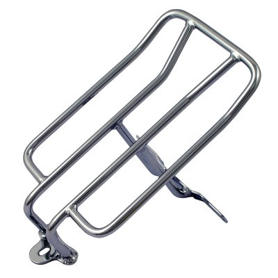 Chrome. Mounts to mounting holes of license plate bracket and seat. Maximum load 10lbs (4.5 kilo). Approx. dimensions: 9 1/2" long x 6" wide