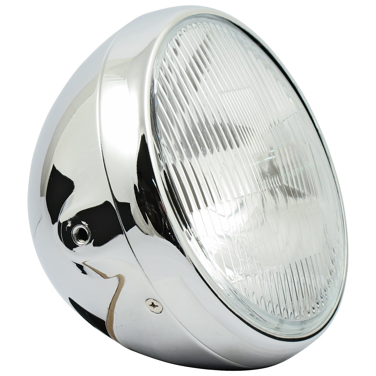 British style 7" H4 headlamp. side mount, Chrome