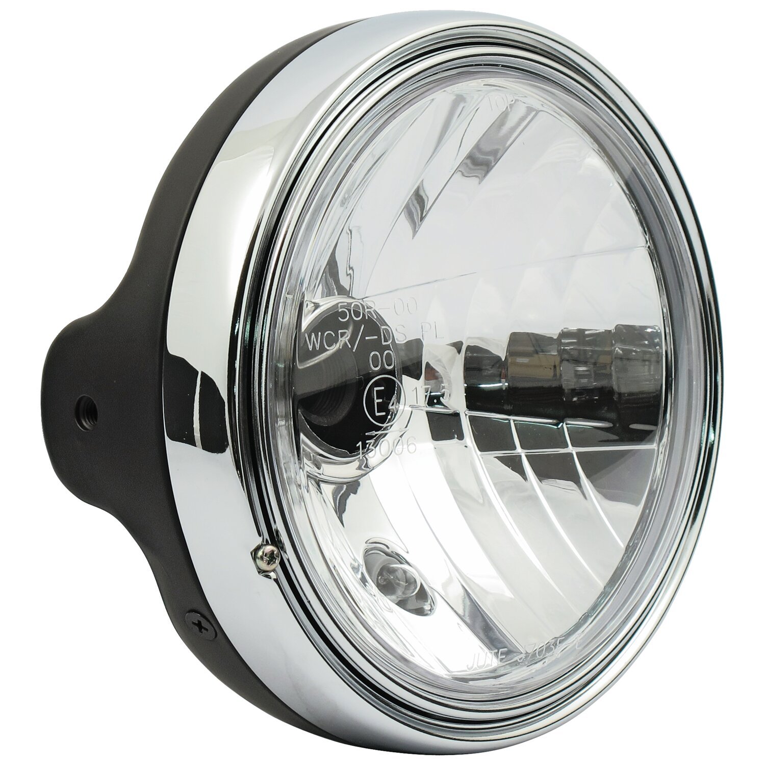 LTD style 7" H4 headlamp. side mount. Clear lens, Black